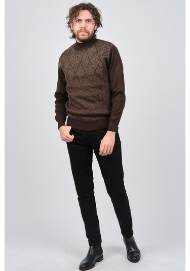 Ateş Triko Erkek Yarım Balıkçı Yaka Desenli Kazak 6091804 Kahvere Kahverengi