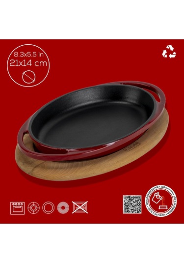 Lava Döküm Oval Sahan Döküm Demir Yekpare Çift Kulplu Kayın Servis Ahşabı Ölçü 21x14cm.-bordo Bordo