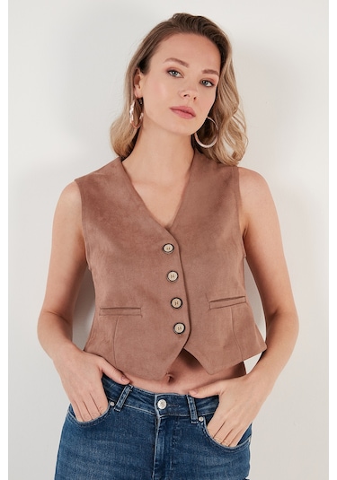 Lela Fitted Scuba Süet V Yaka Düğmeli Bayan Yelek 5865576 Vizon