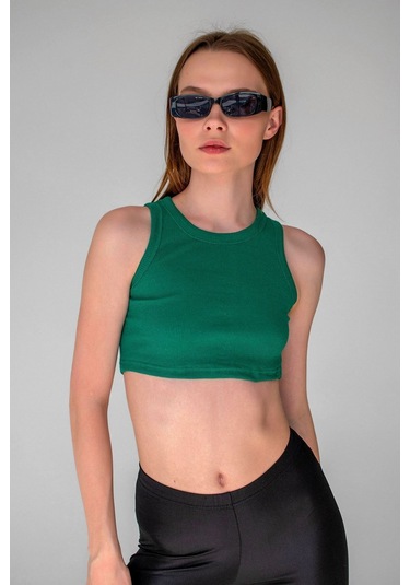 Koyu Kahve Fitilli Süper Crop Halter Yaka Örme Atlet L