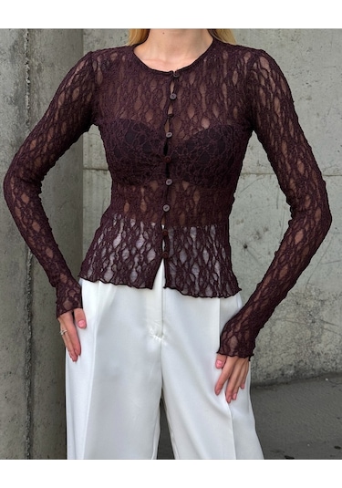 Kadın Bisiklet Yaka Önden Düğmeli Full Esnek Dantel Bürümcük Spor Şık Tasarım Gece Bluzu Kahverengi
