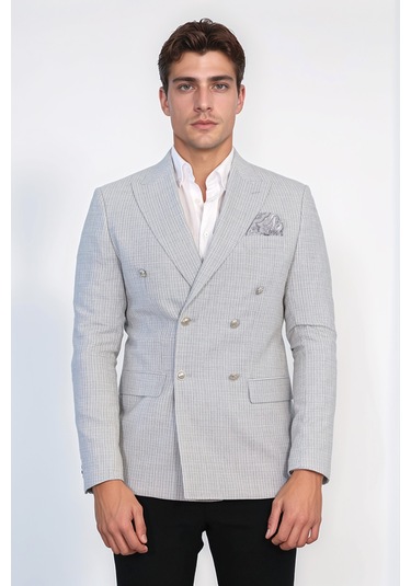 Desenli Kruvaze Tek Ceket Gri