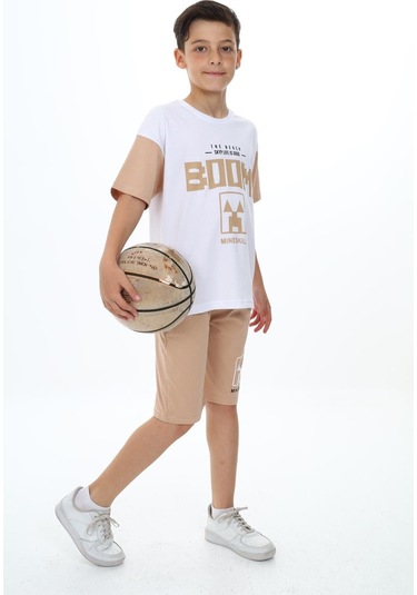 Erkek Çocuk Boom Baskılı Kısa Kollu Şortlu Takım-5909-Bej