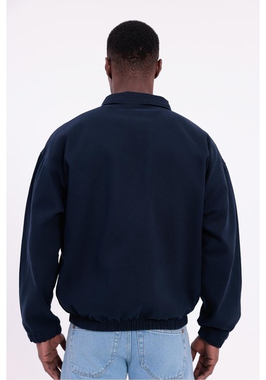 Freemen Erkek Basic Gabardin Kumaş Fermuarlı Oversize Mevsimlik Polo Yaka Ceket Lacivert
