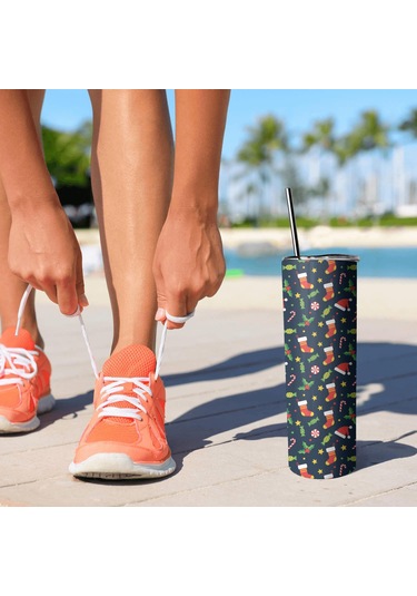 20oz Noel Desenli Paslanmaz Çelik Termos, Kapak Ve Pipetli, Çift Katlı Noel Çorap Şeker