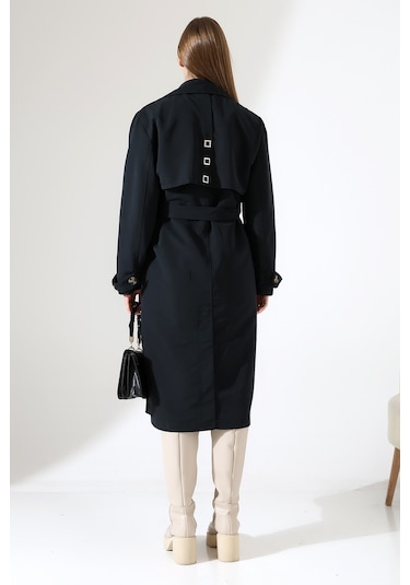 Amazon Keten Kumaş Diz Altı Yumuşak Dokulu Düğmeli Astarlı Trenç Kot Siyah Siyah