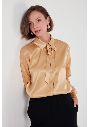 Lela Regular Fit Bağlama Detaylı Saten Bayan Gömlek 611Go00159 Gold