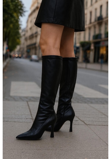 Diz Altı Streç Kadın Topuklu Çizme Siyah