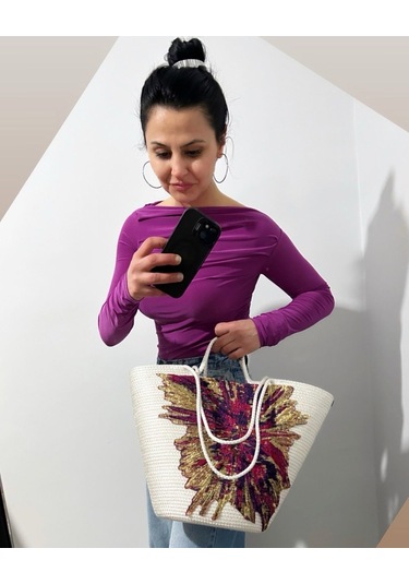 Hasır Çanta, Plaj Çantası, Tasarım Çanta, Pembe Mor Desenli El Çantası Ekru