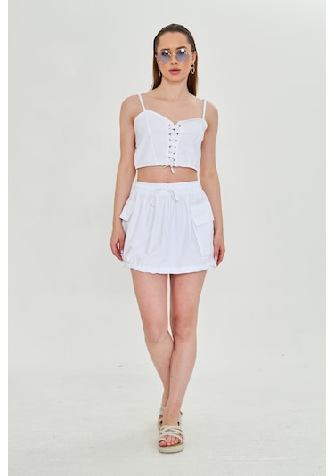 Kutaf Günlük Yazlık Crop Top Ve Şort Etek Takımı - Rahat & Şık Beyaz