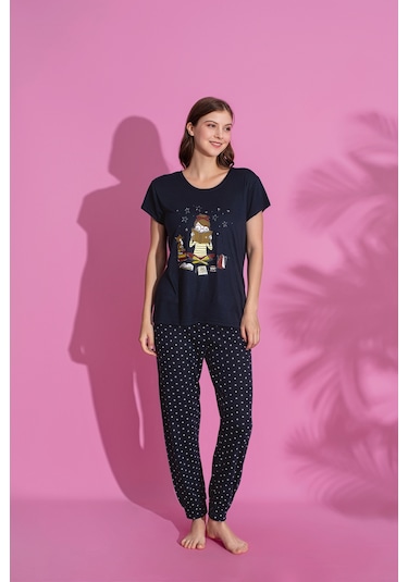 Anne Kız Kombin Desenli Viskon Kısa Kollu Pijama Takımı Anne Kız Ayrı Satılır Lacivert