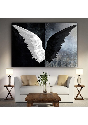 Siyah Beyaz Güçlü Tüy Kanatları 5d Diy Elmas Boyama Mozaik Resim Melek Duvar Dekor 40x50cm