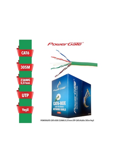 Powergate Cat6-box-gn, 23awg 0,57mm, Utp, Cat6 Kablo, 305m, Yeşil