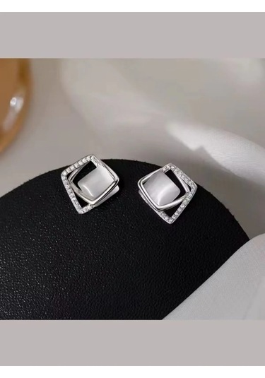925 Ayar Gümüş Kristal Taşlı Geometrik Kare Küpe Gümüş