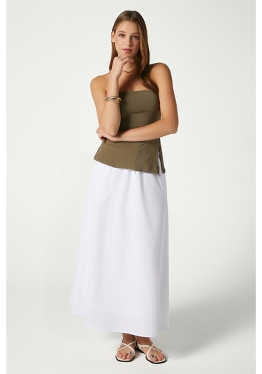 Kadın Seaside Beyaz Astarlı Bel Lastikli Cepli Dokuma Uzun Etek Beyaz
