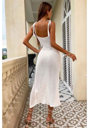 Angelsin Örme Wrap Yaka Yırtmaçlı Plaj Elbisesi Pareo Beyaz