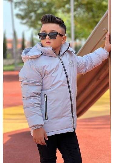 Erkek Çocuk Çıkarılabilir Kapüşonlu Baskılı Yakası Detaylı Kışlık Mont Km3501 Gri