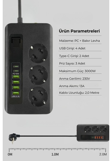 Pro P101 3x Priz 3000w Akım Korumalı 4x Usb 2x Type-c Girişli Çoklu Priz 0.2 M