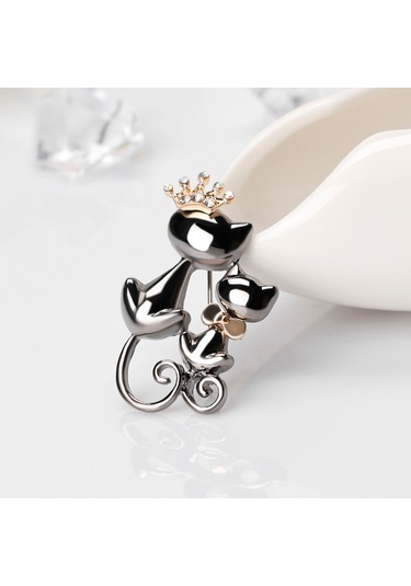 Kadın Takı Parlak Yapay Elmas Sevimli Çift Kedi Figürlü Broş Çok Renkli