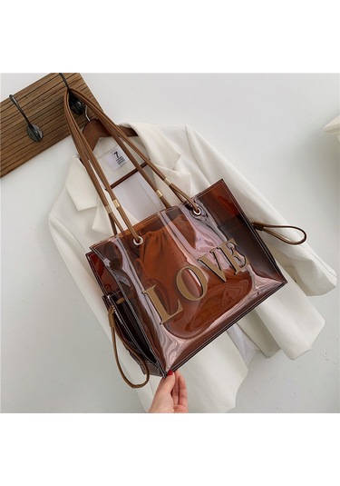 Moda Kadın Şeffaf Pvc Omuz Çantaları Jöle Şeker Rengi Büyük Kapasiteli El Çantası Tote Kahverengi