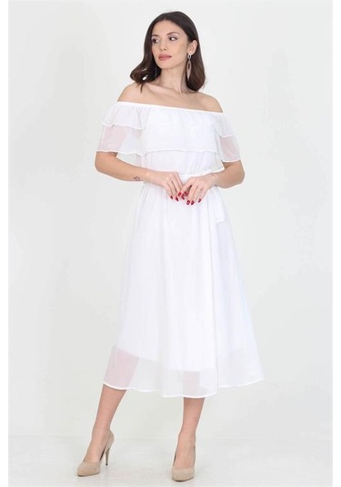 Neşeli Butik Kadın Yeni Sezon Madonna Yaka Bağlama Detaylı Şifon Elbise Ry8060 Beyaz