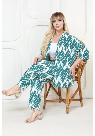 Desenli Kimono Hırkalı 2li Alt Üst Takım Bürümcük Kumaş Yazlık 2xl-6xl Oversize Yeşil