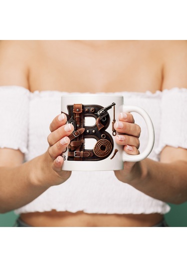 B Harfi Kovboy Temalı Bardak 330 Ml İsim / Harf Kişiye Özel Hediye - Vahşi Batı Konsept Beyaz