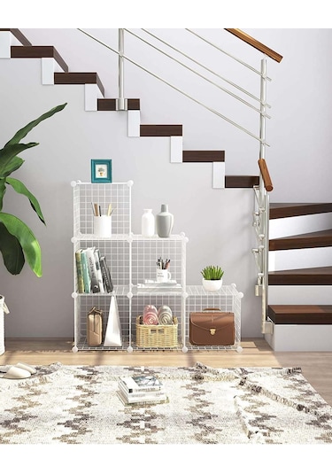 6 Bölmeli Beyaz Portatif Çok Amaçlı Metal Tel Dolap Raf Kitaplık