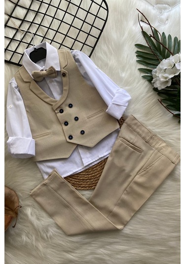 Katlama Detay Yelekli Rozetli Çocuk Takım Elbise Bej