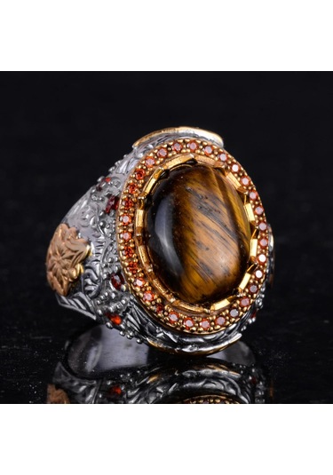 Gerçek Doğal Taş Yüzük - Sultan Yüzük - 925 Ayar Gümüş Yüzük Kaplan Gözü Gümüş