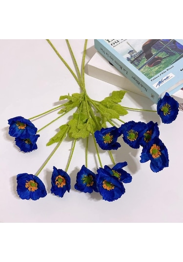 Yapay Çiçek Gelincik Çiçeği Mavi Koyu Renk 3 Çiçek 1 Tomurcuk 59cm