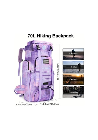 Dashanshop 70l Hafif Lake Blue Sırt Çantası Büyük Kapasiteli Ayarlanabilir Omuz Askıları Outdoor Kampçılık Mor Pembe Çizgili Amerikan Bayrağı Altın