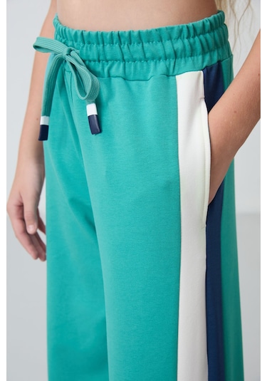 Tommy Life Deniz Yeşil Yırtmaç Detaylı Cepli Geniş Paça Kız Çocuk Eşofman Alt - 75141 Yeşil