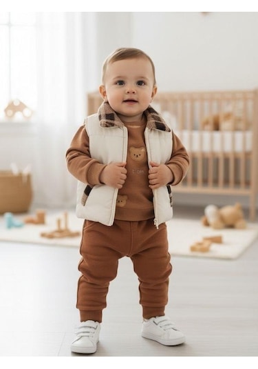 Erkek Bebek Yelekli 3 'lü Eşofman Takım-16230 Kahverengi