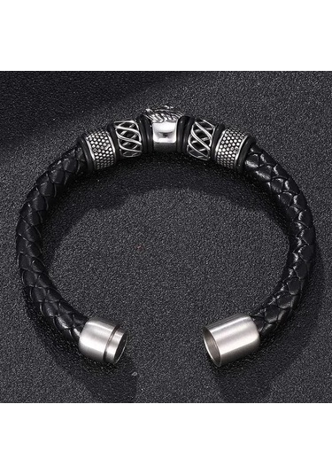 Moda Klasik Aslan Kafası Tokalı Deri Bileklik Erkekler İçin Günlük Punk Takı Hediye Siyah