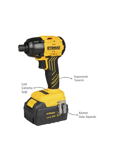 Rtrmax RTS5020 Şarjlı Torklu Vidalama Makinası Kömürsüz 200 Nm 2x4 Ah 20V Çift Akü S-Lion