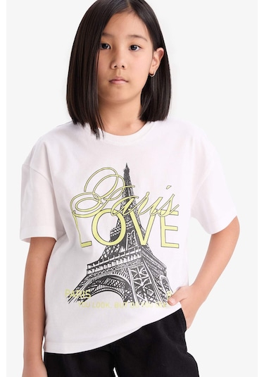 DeFacto Kız Çocuk Relax Fit Bisiklet Yaka Baskılı Kısa Kollu Tişört E0353A825SMWT34 Beyaz