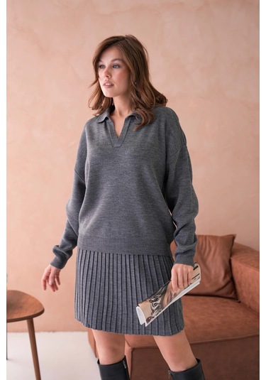 Kadın Polo Yaka Düşük Kol Kazak Kısa Etek İkili Triko Takım Antrasit