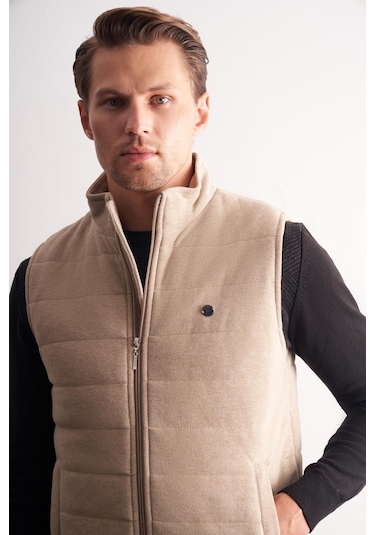 İmza Bej Dik Yaka Fermuarlı Casual Slim Fit Kapitone Yelek 1009255103 Koyu Bej