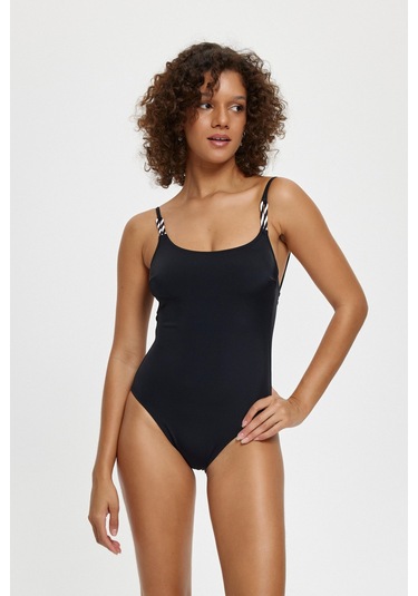 M12064 Halatlı U Yaka Mayo Siyah Çok Renkli