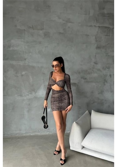 Kadın Leopar Sırt Ve Göğüs Dekolteli Mini Elbise Dpnbdf079 Kahverengi
