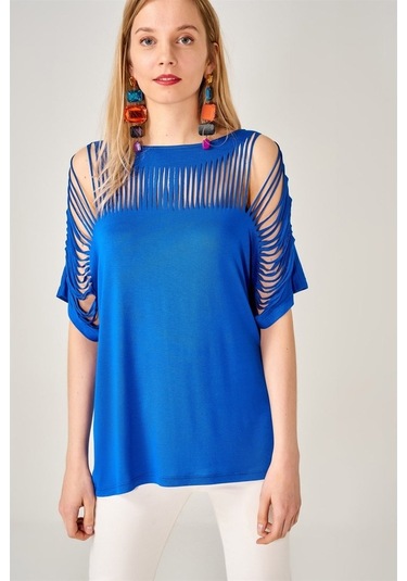Kadın Lazer Kesim Saks Mavisi Bluz-Saks
