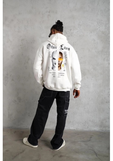 Defymoda Oversize Üç İplik Şardonlu Kapüşonlu Sweatshirt Beyaz Other Lives Ön Ve Arka Baskılı, Kanguru Ce Beyaz