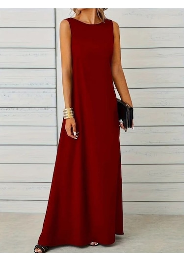 Ahes Shopping Kadın Kolsuz Kayık Yaka Maksi Janjan Krep Elbise Kırmızı