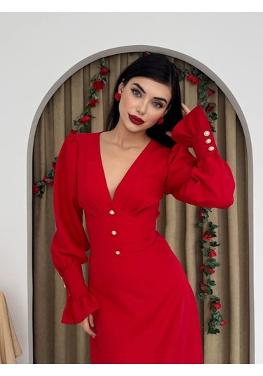 Meta Düğme Detaylı Elbise Altın