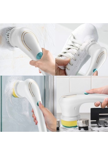 Sones Çok İşlevli Elektrikli Temizleme Fırçası El Tipi Mutfak Bulaşık Fırçası 5 Yedek Başlıklı Beyaz