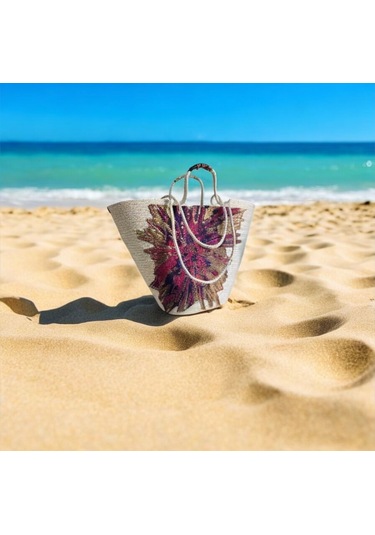 Hasır Çanta, Plaj Çantası, Tasarım Çanta, Pembe Mor Desenli El Çantası Ekru