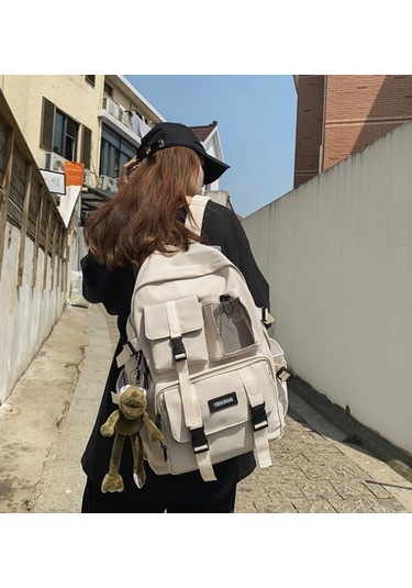 White Çoklu Cep Sırt Çantası Erkekler Kanvas Ekleme Toka Beyaz