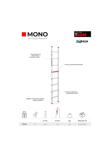 Çağsan T6025 8 Basamaklı Mono Tek Parçalı Alüminyum Merdiven