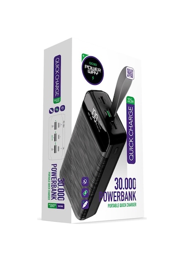 Powerway QC30 Siyah PD 22.5W 30.000 mAh Hızlı Şarj Powerbank